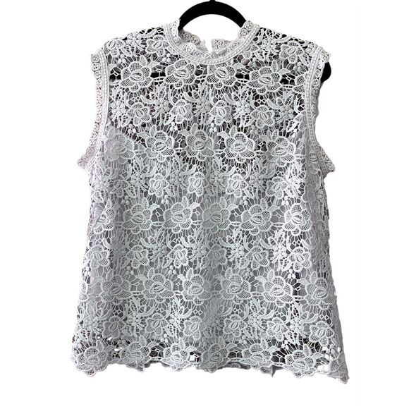 Nanette Lepore crocheted lace zip up high neck violet sleeveless top - Picture 2 of 7